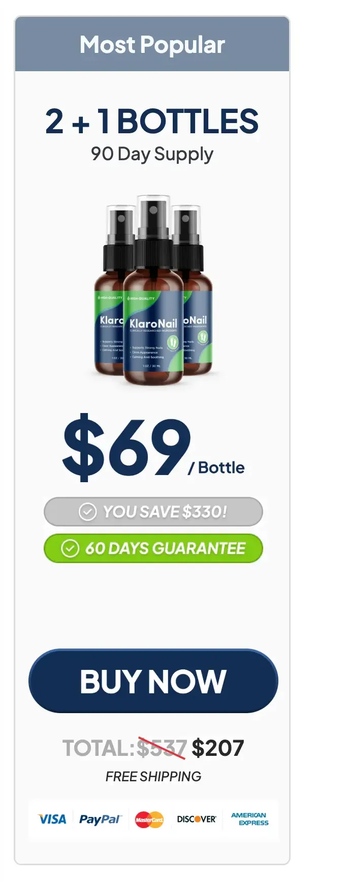 	KlaroNail 3-bottle package price — $69 per bottle