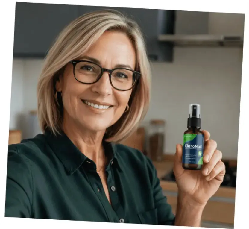 woman holding klaronail bottle and happy with using
